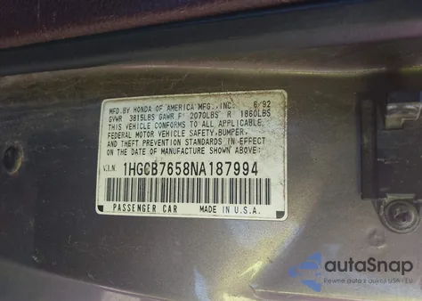 1992 Honda Accord Lx z USA, uszkodzony, nr VIN 1HGCB7658NA187994